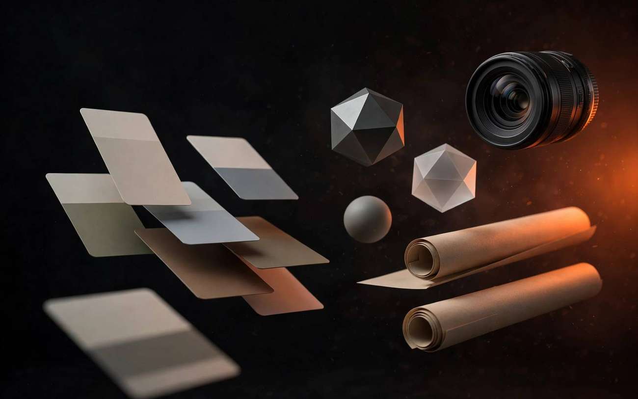 Art-directed composition of floating design artifacts in dark space with orange light