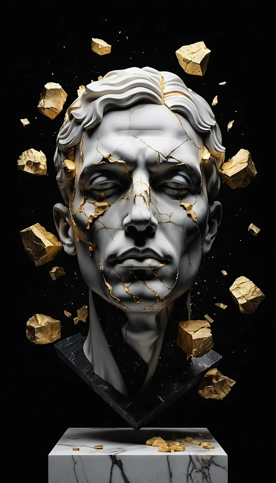White marble bust with golden kintsugi cracks — the Skillsquad craft
